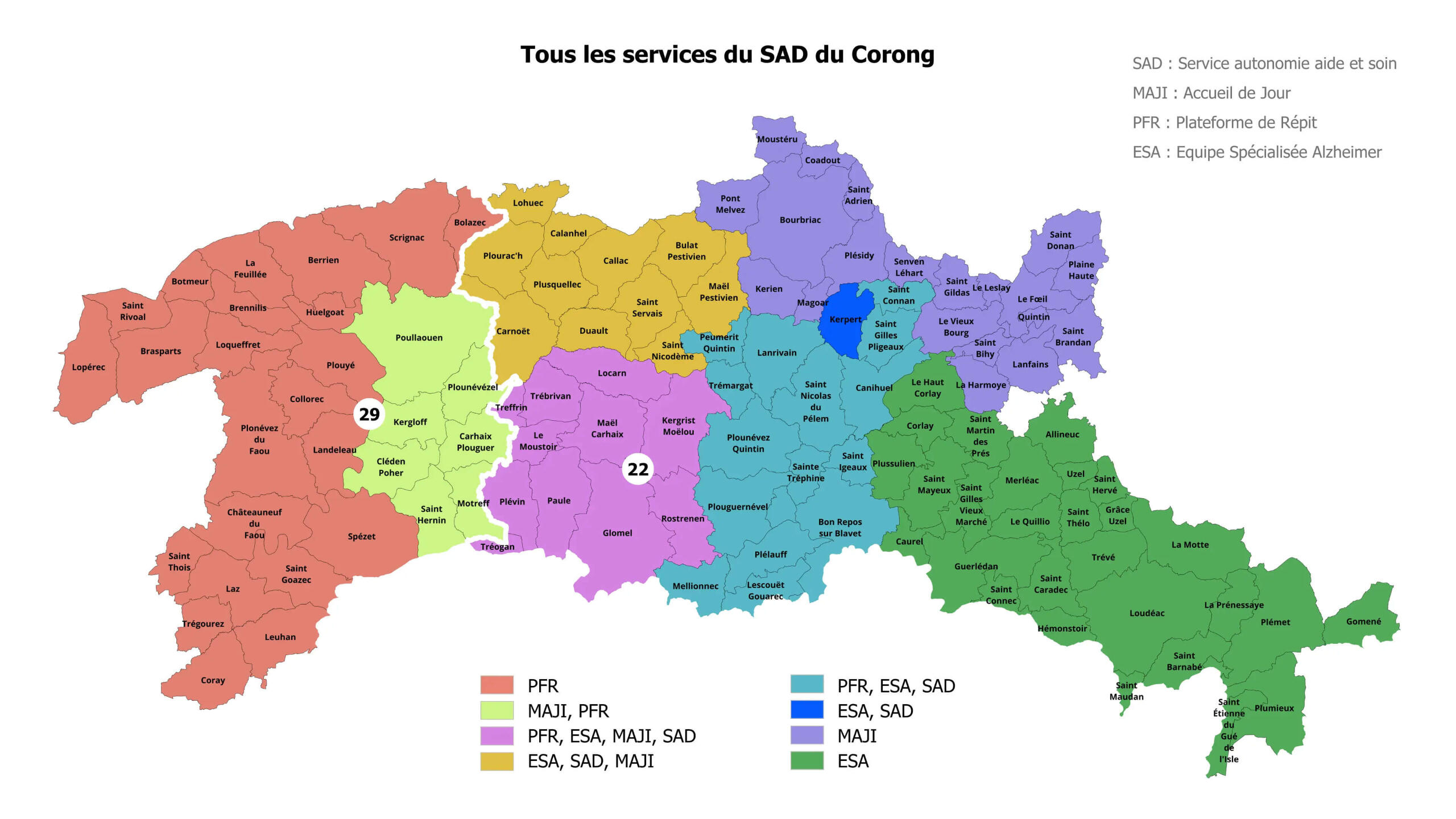 Carte des zones couvertes par l'association en Centre-Ouest Bretagne, incluant des communes de Kreiz-Breizh et alentours.