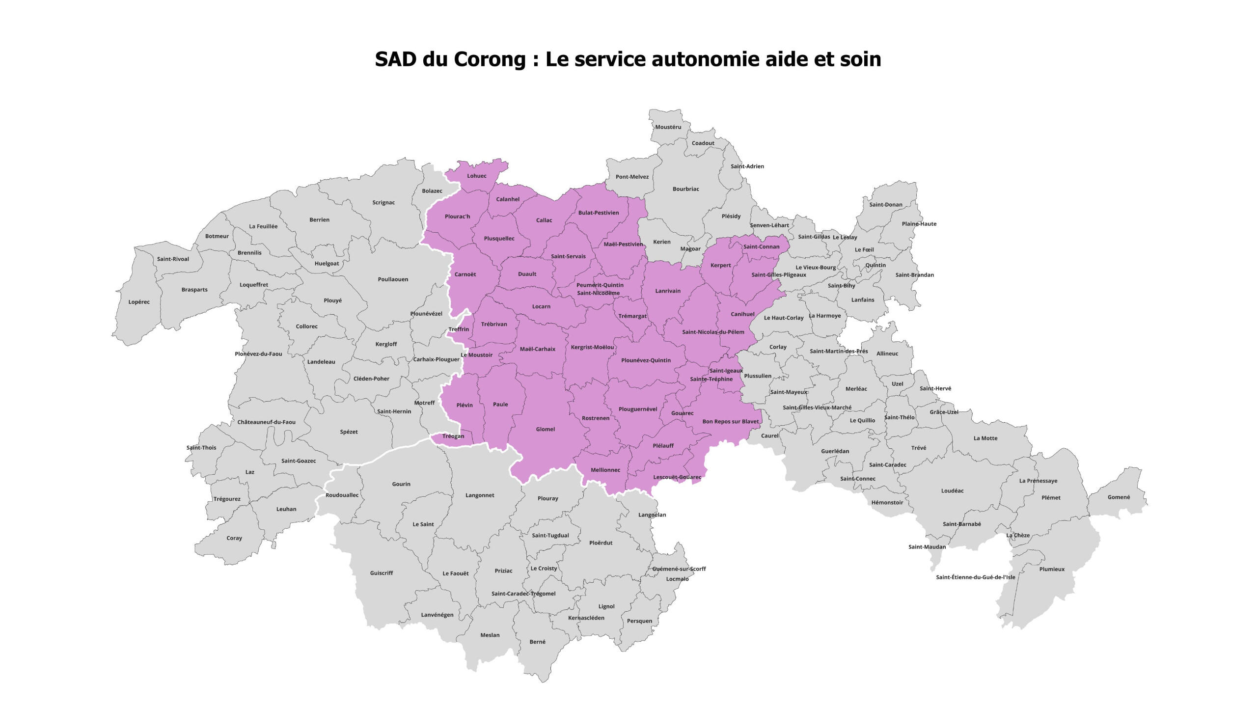 Zones couvertes en Centre-Breizh, incluant communes de Kreiz-Breizh et secteurs adjacents.