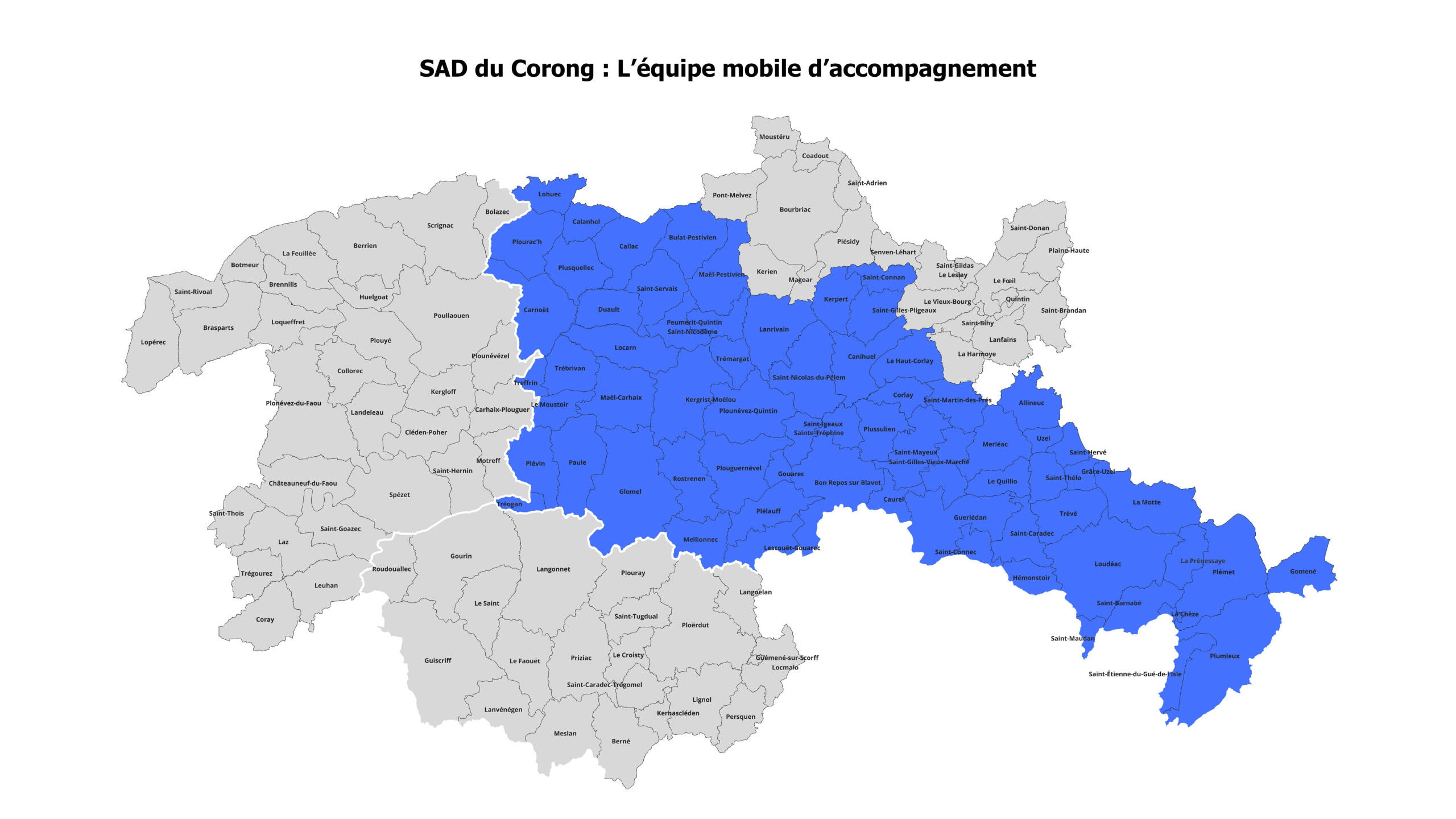 Zones couvertes en Centre-Breizh, incluant communes de Kreiz-Breizh et secteurs adjacents.